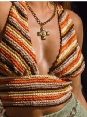 12th Tribe Striped Crochet Halter Top in Orange, Brown & Cream